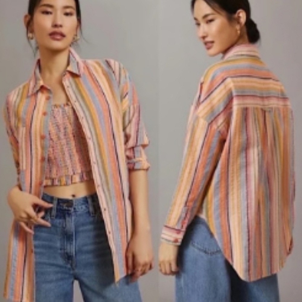 Striped Button-Up Shirt in Multi-Color - Women Tops